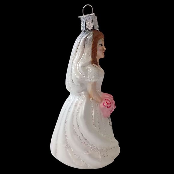 Old World Christmas Bride Ornament Brunette White Dress Roses Vintage Glass OWC - Picture 5 of 15